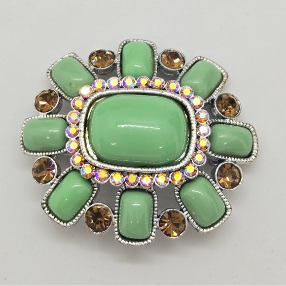 Joan Rivers Jade Green and Amber Tone AB Stone Brooch Pin Silver-tone - Picture 5 of 7